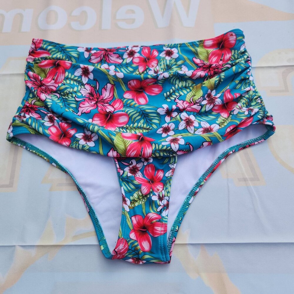NEW M Women's Teal Floral Bikini Bottom High Waist Bathing Suit Beach Swimsuit